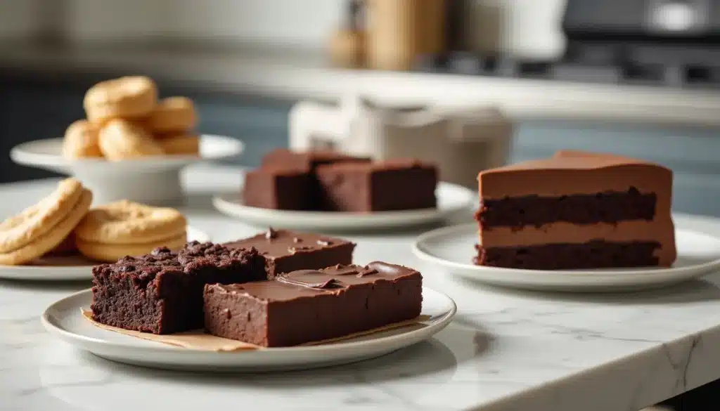 Divers desserts chocolat sur une table blanche.