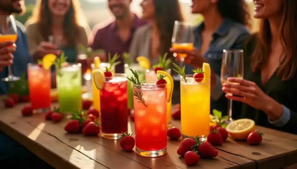 Cocktails colorés entre amis en plein air.