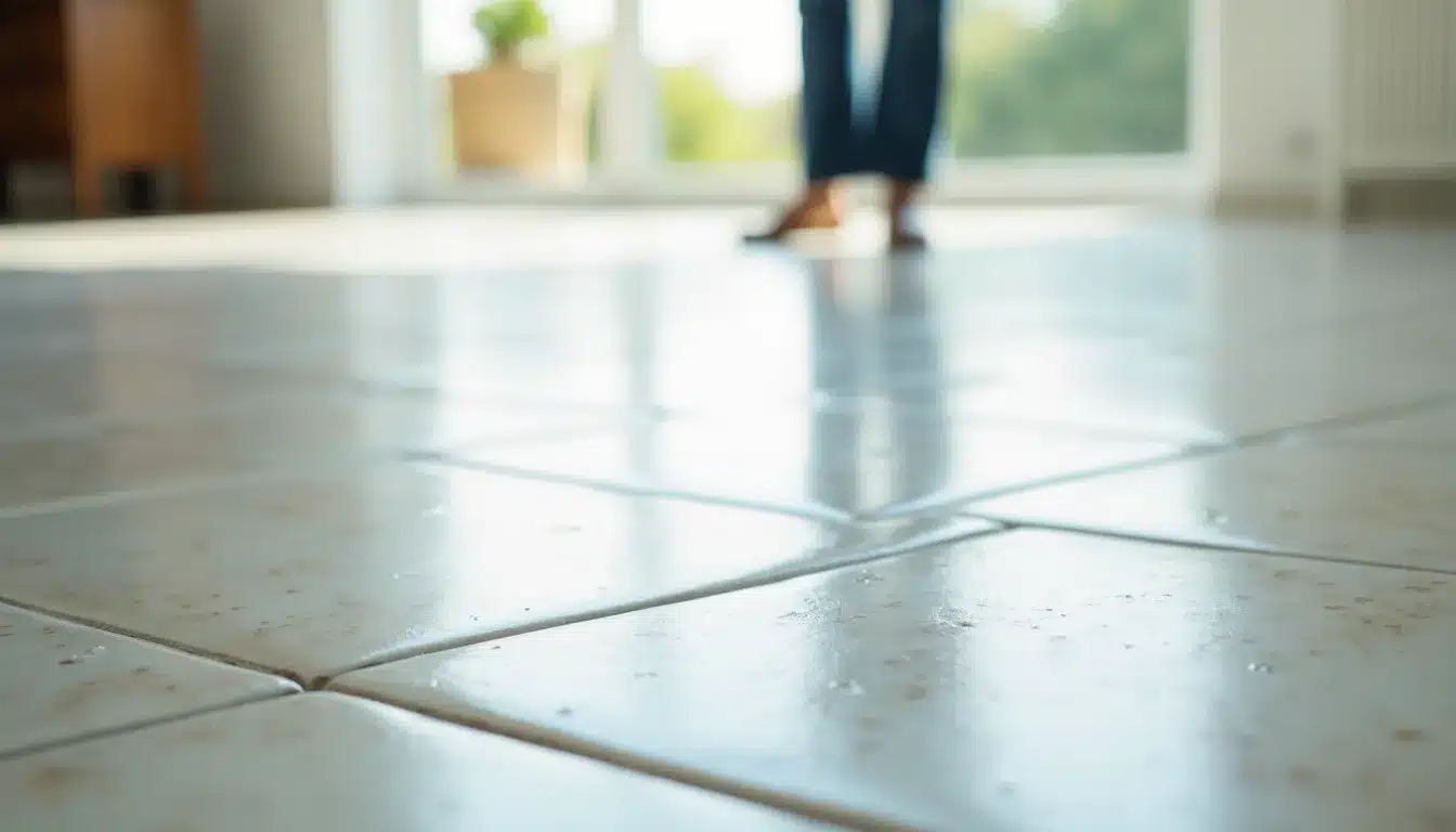 Carrelage au sol, pieds visibles en arrière-plan.