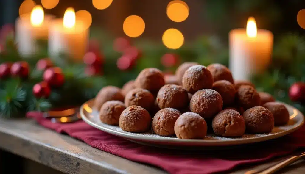 Assiette de biscuits de Noël, bougies allumées.