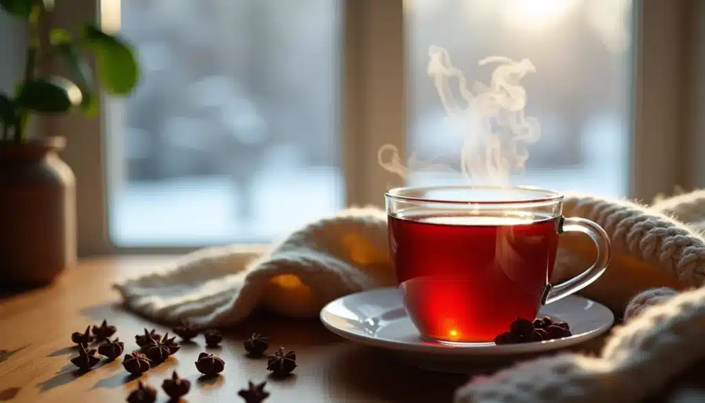 Thé chaud fumant avec étoile de badiane.