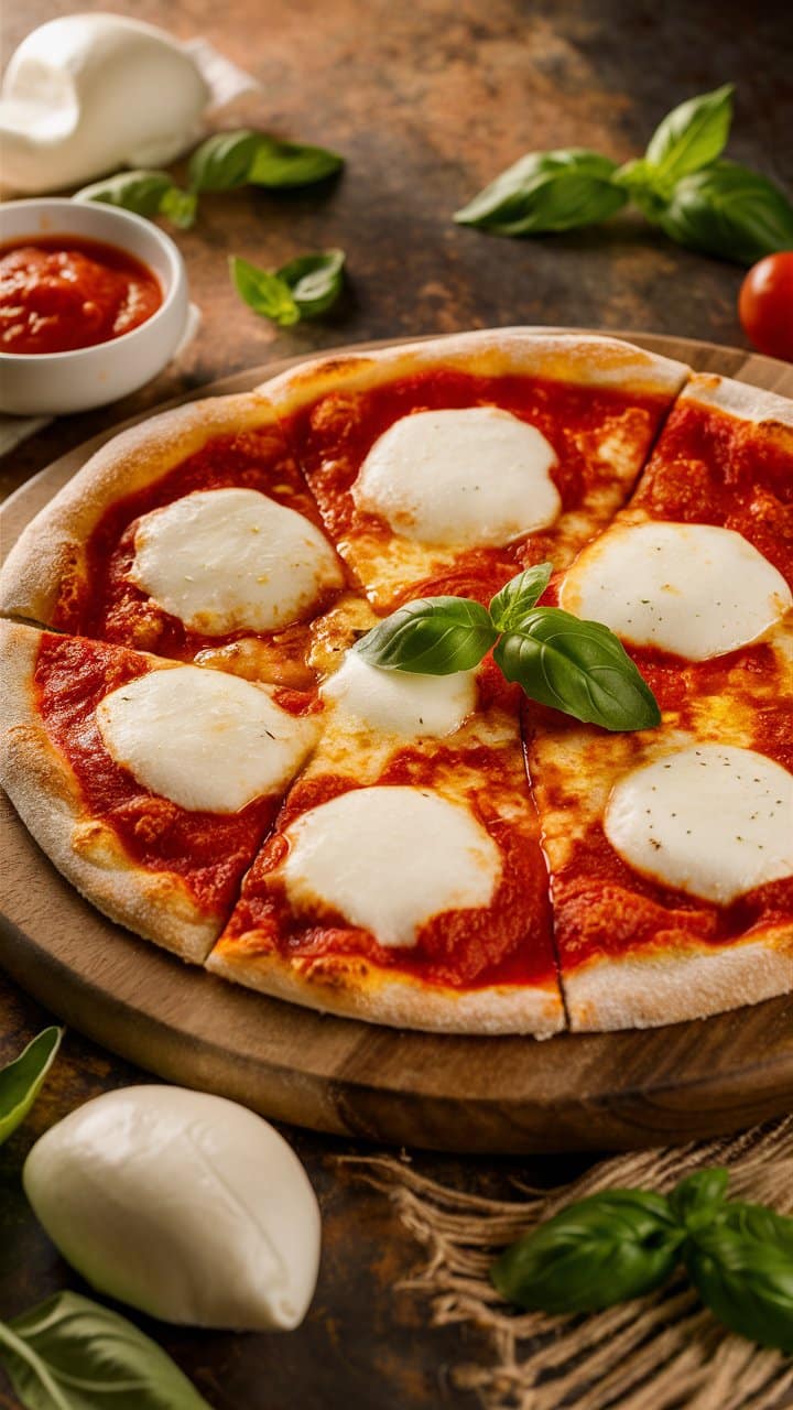 Pizza margherita sur planche en bois.