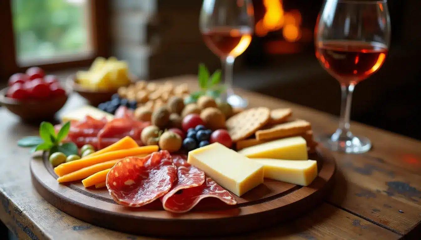 Plateau apéritif avec fromage et charcuterie, verres de vin.