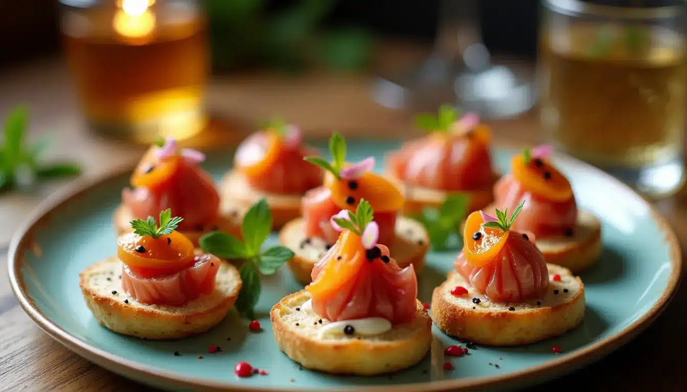 Canapés au saumon et herbes décoratives.