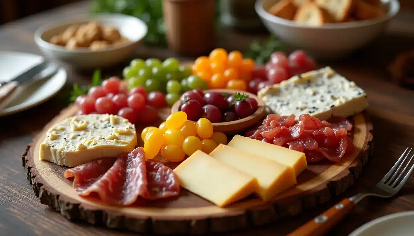 Plateau de fromages et charcuteries avec raisins.