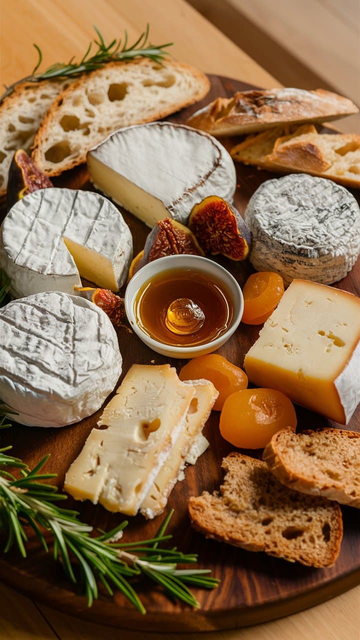 Plateau de fromages et pains avec miel.