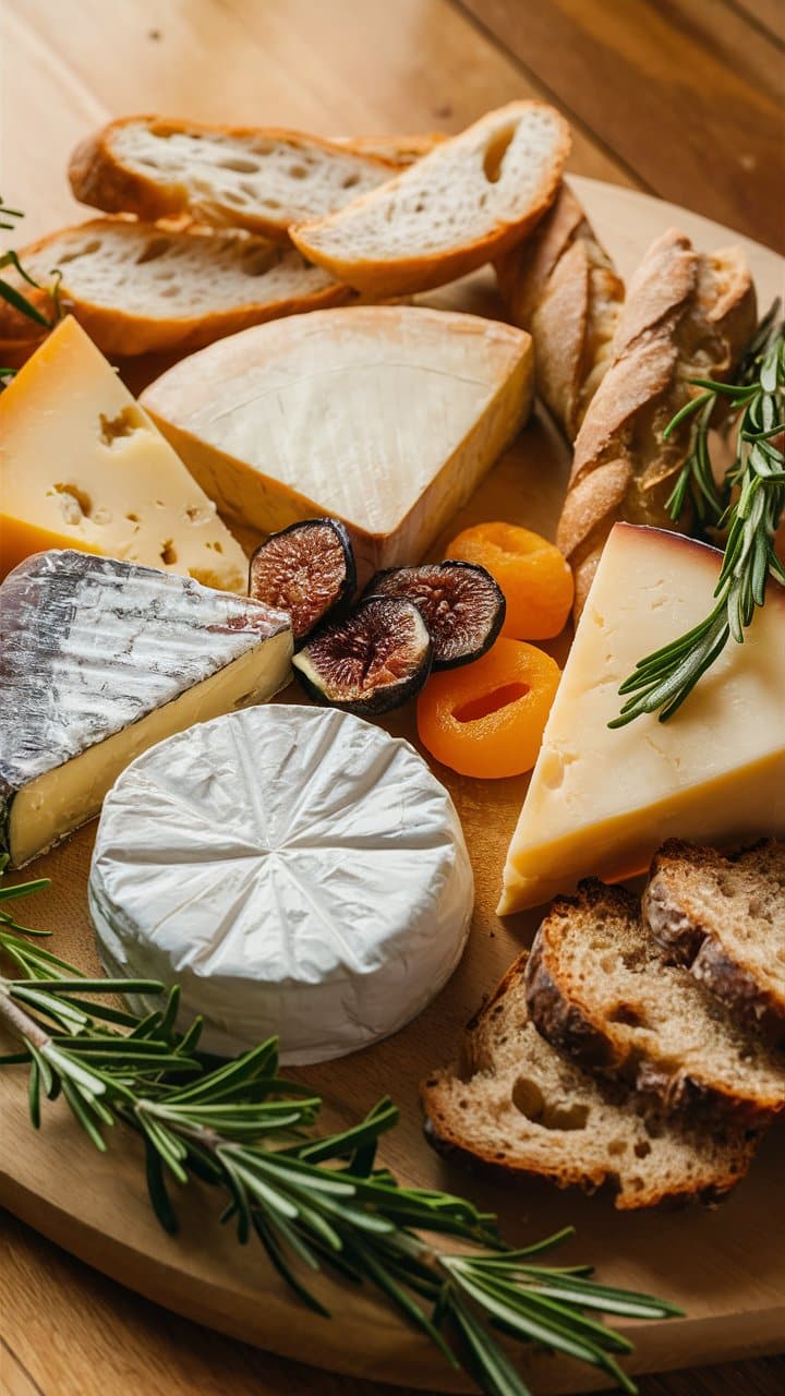 Plateau de fromages variés avec pains et fruits secs.