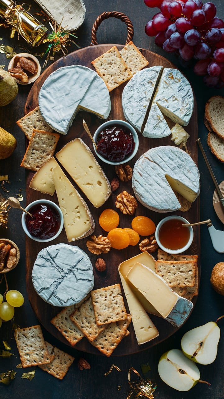 Plateau de fromages et fruits secs sur table.