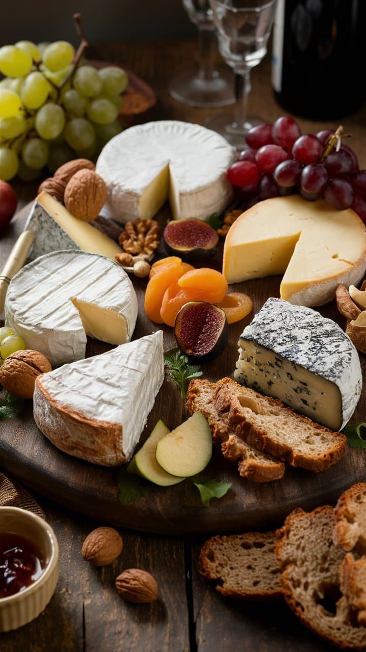 Plateau de fromages et fruits secs sur table en bois.