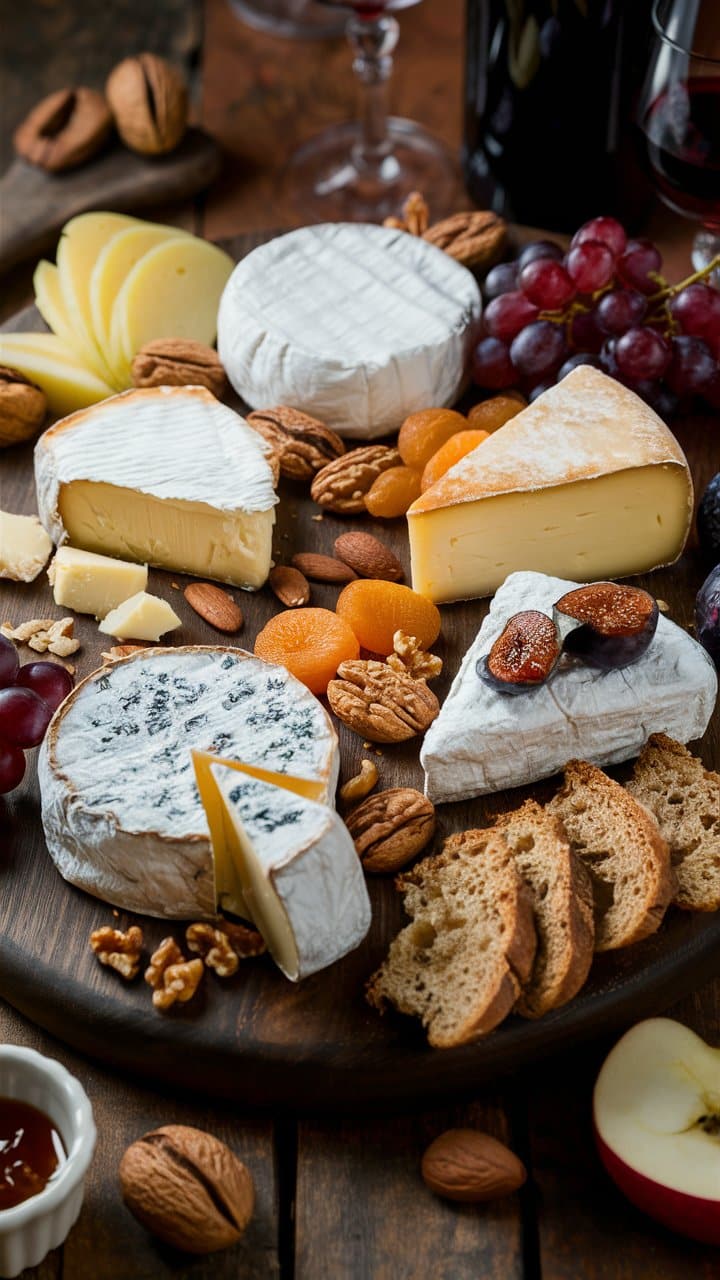 Plateau de fromages avec noix et fruits secs.