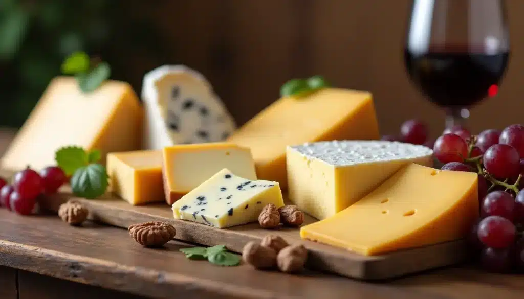 Planches de fromages et verre de vin rouge.