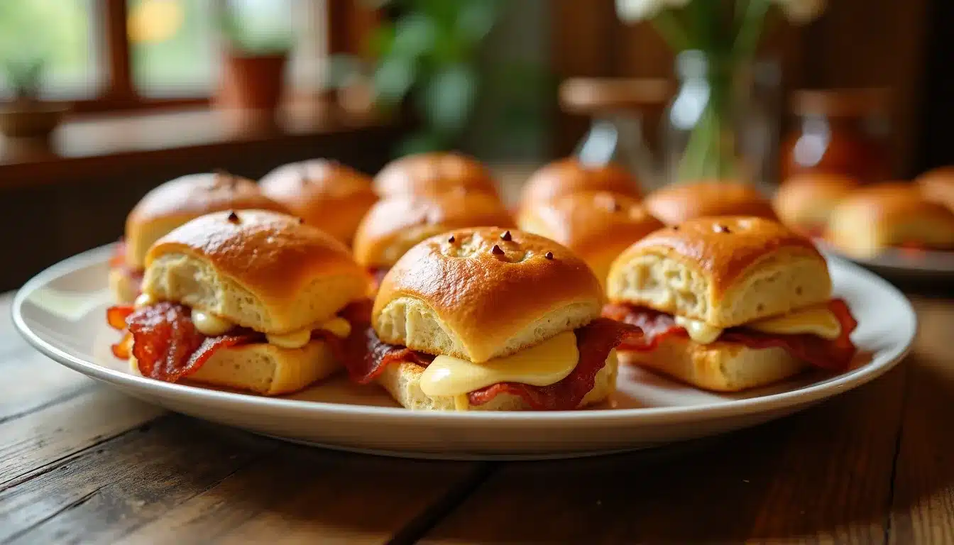 Slider bacon et fromage sur assiette blanche.
