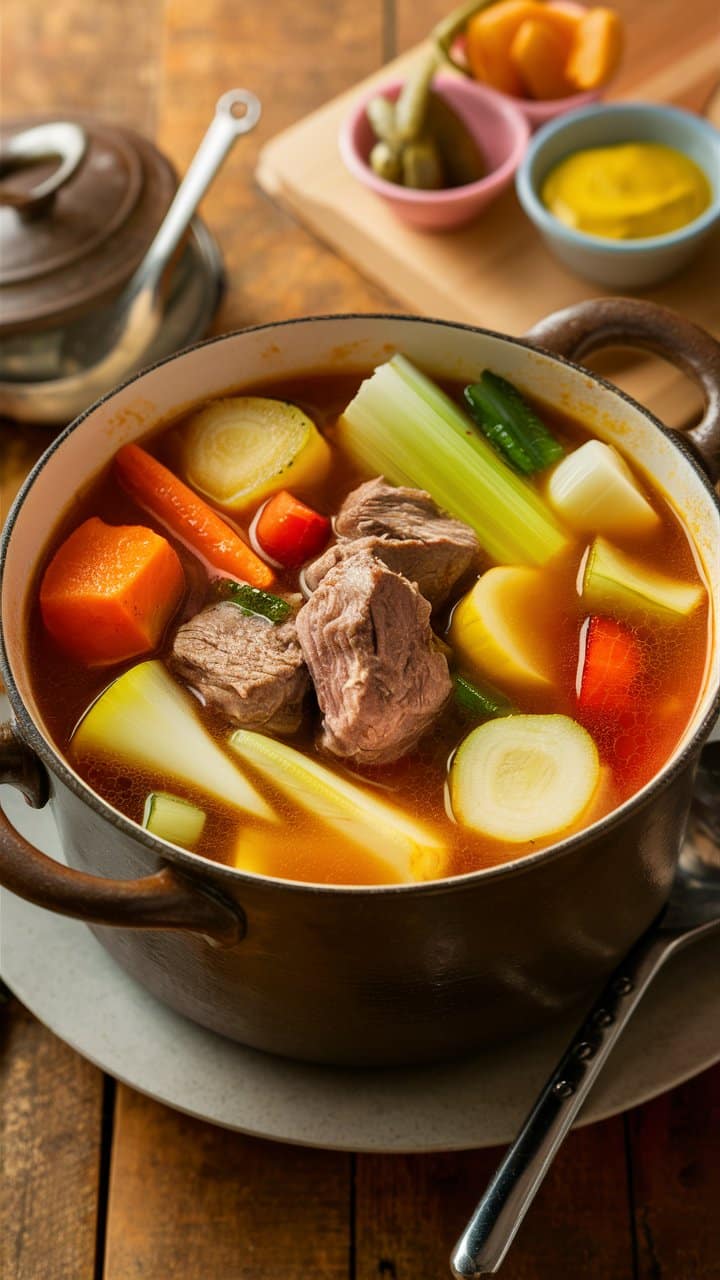 Pot-au-feu avec légumes et bœuf.