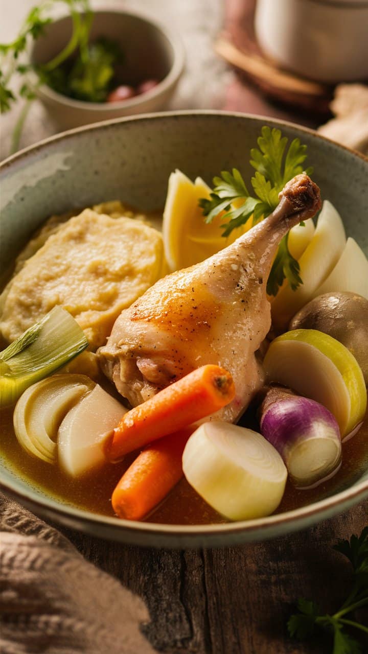 Plat de poule au pot avec légumes.