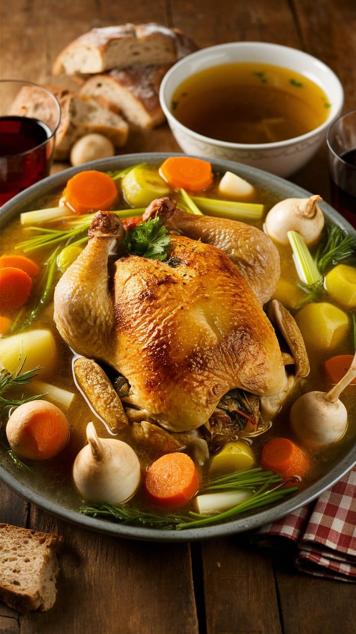 Poulet rôti avec légumes et bouillon.