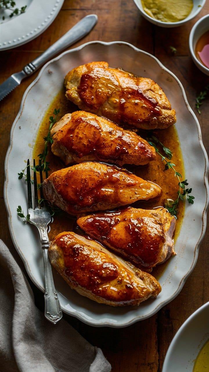 Poulet rôti au thym sur plat blanc.
