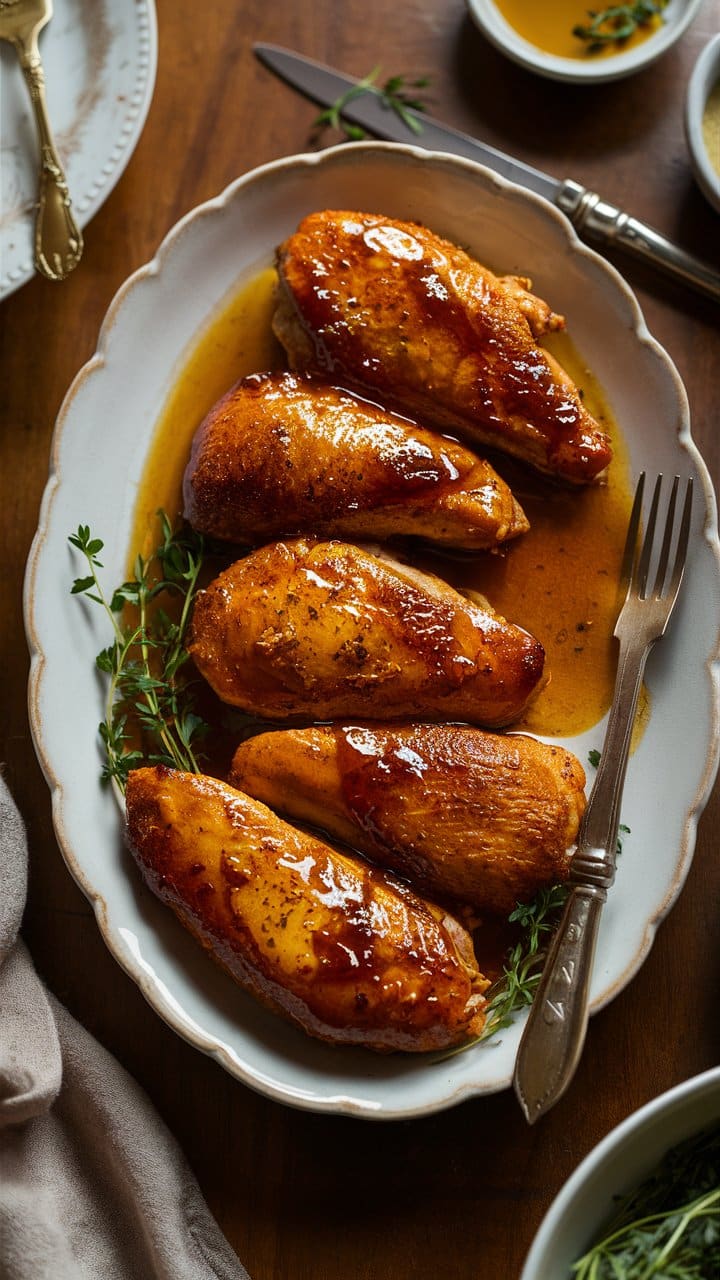 Poulet rôti avec sauce, thym et fourchette.