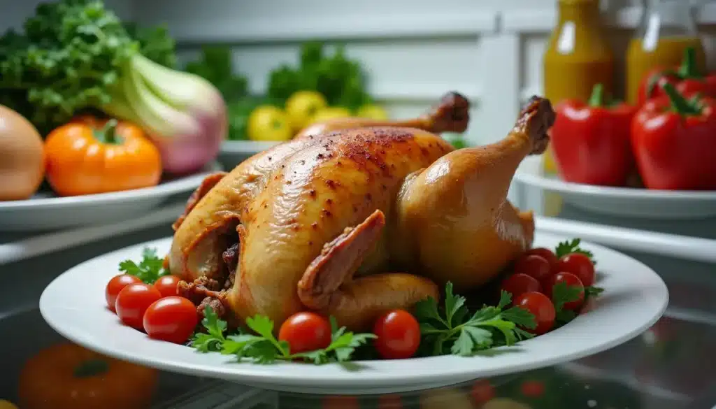 Poulet rôti entouré de légumes colorés