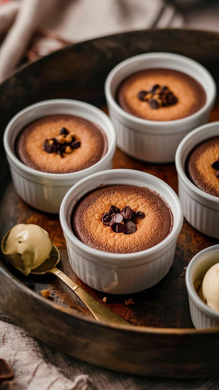Ramequins de soufflé au chocolat avec chantilly.