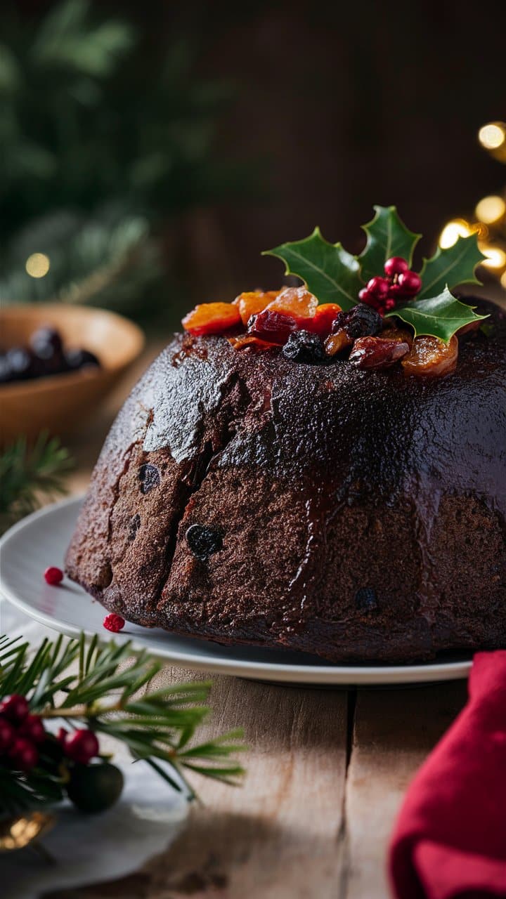 Pudding de Noël décoré de fruits secs et houx.