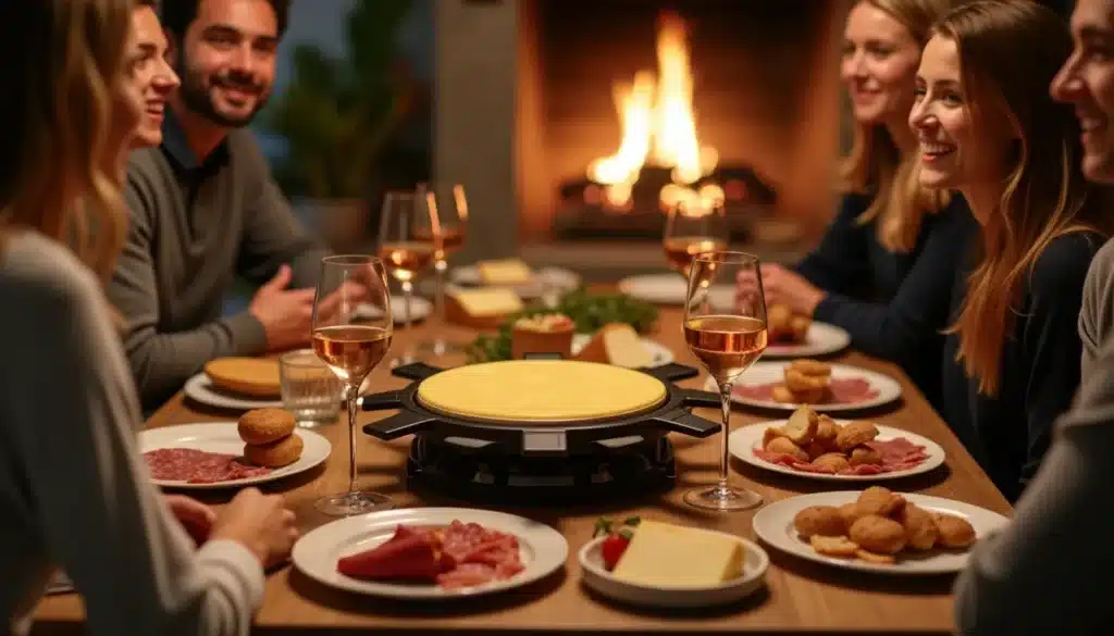 Groupe d'amis partageant une raclette conviviale.