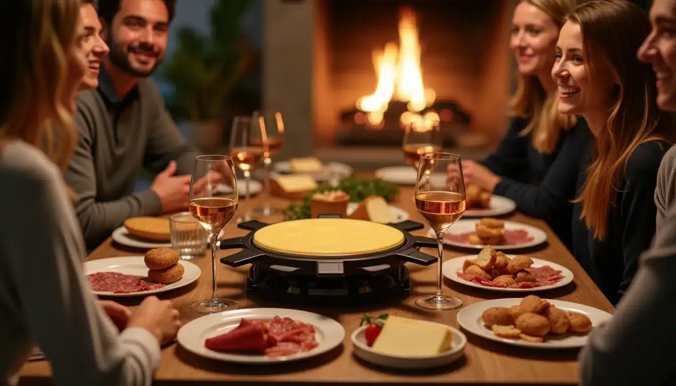 Groupe d'amis partageant une raclette conviviale.