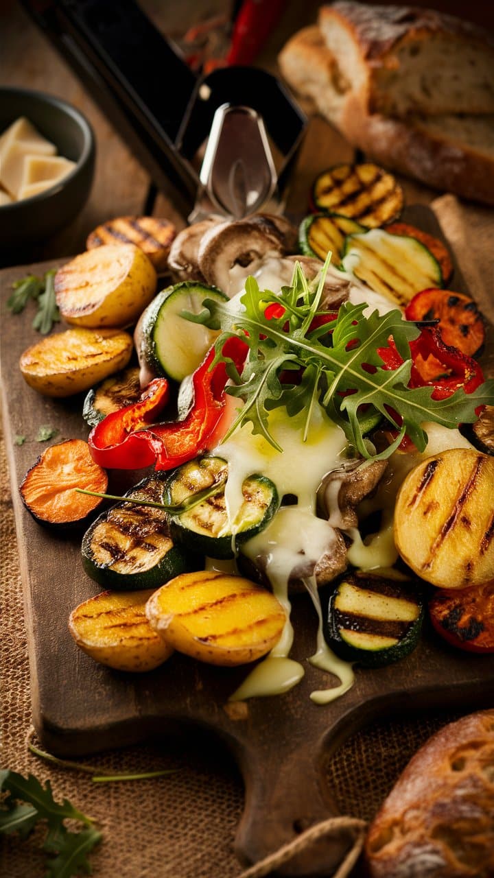 Légumes grillés et fromage fondu sur planche.