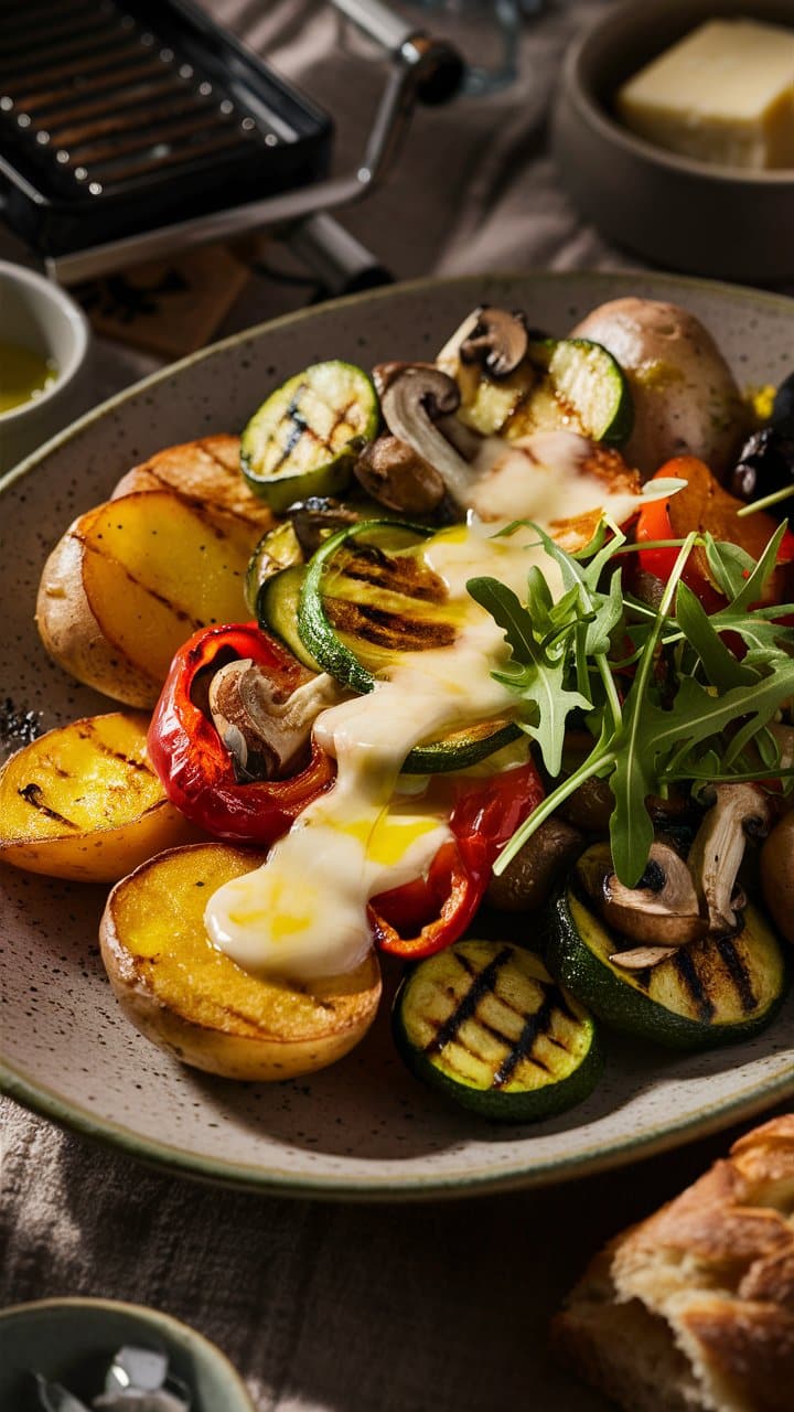 Légumes grillés avec fromage fondu et roquette.
