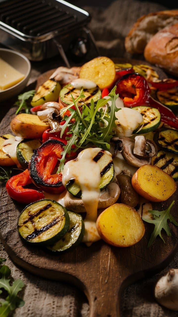 Légumes grillés et fromage fondant sur planche.