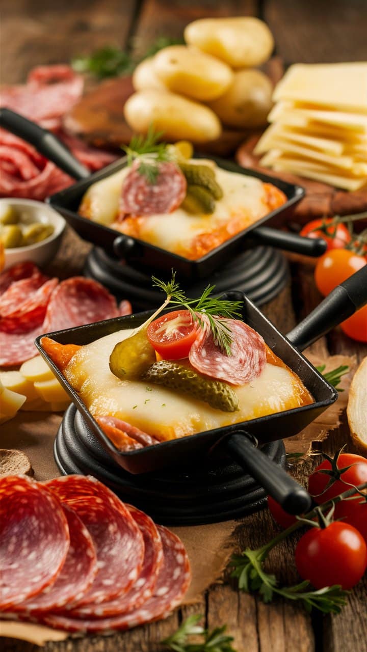 Raclette avec charcuterie et légumes sur planche bois.