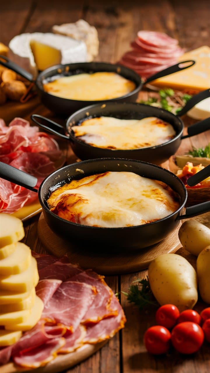 Plat de raclette avec charcuterie et pommes de terre.