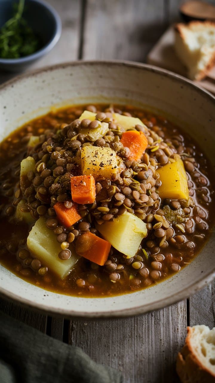 Soupe de lentilles avec légumes sur table rustique.