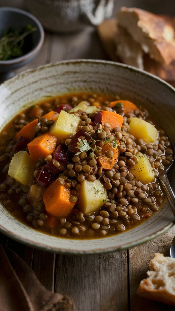 Soupe de lentilles aux légumes colorés.