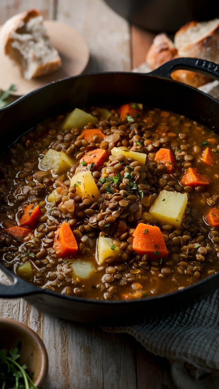 Ragoût de lentilles et légumes en cocotte noire.