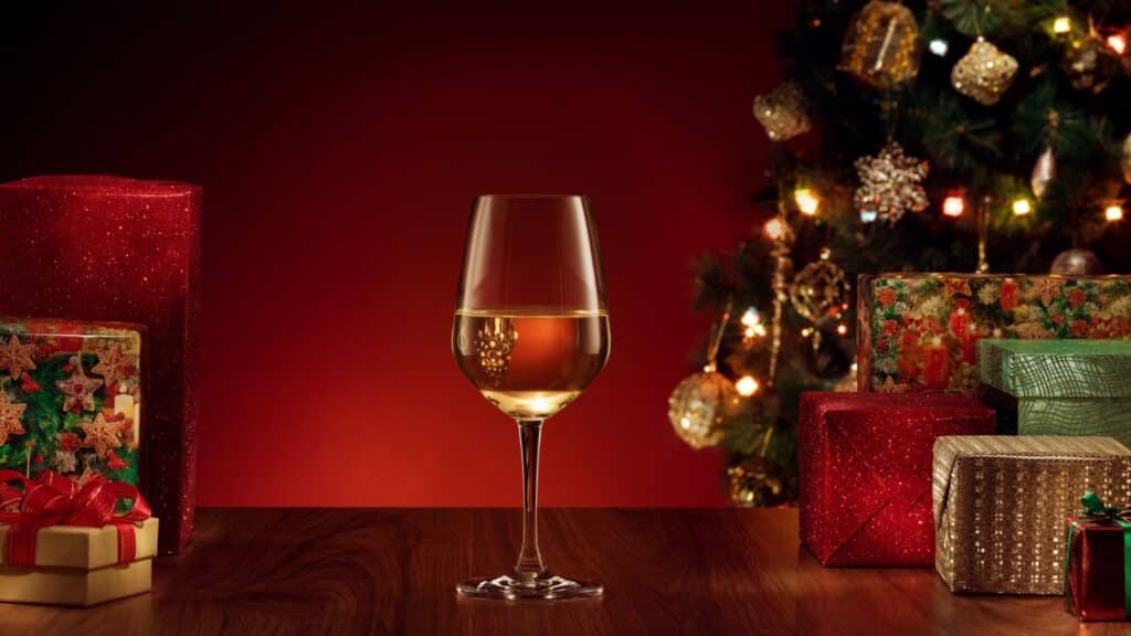 Verre de vin, cadeaux et sapin de Noël