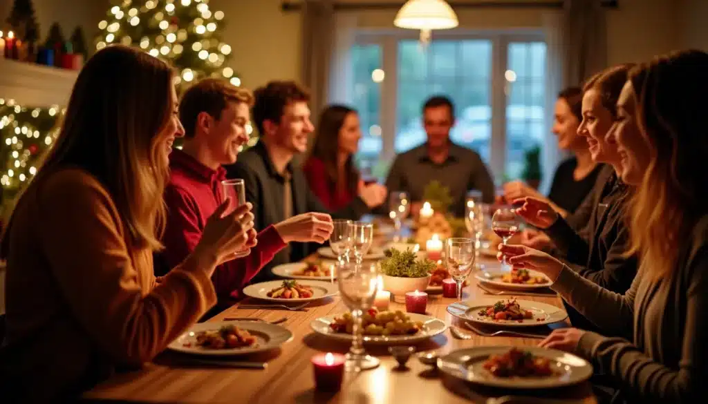 Dîner festif entre amis autour de la table.