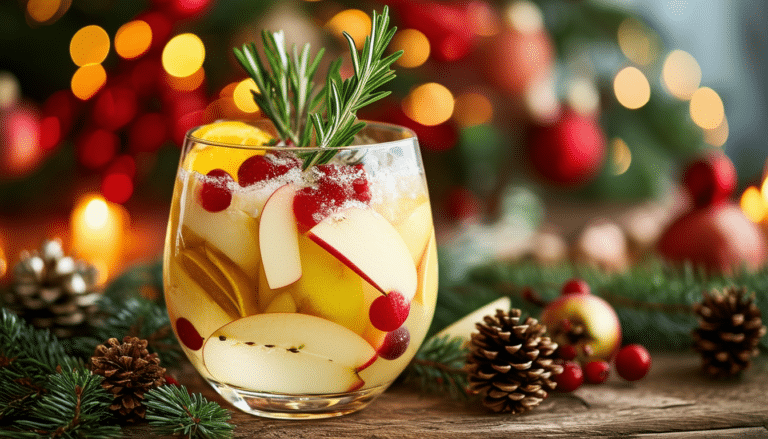 découvrez une délicieuse recette de cocktail de noël avec notre sangria blanche hivernale, alliant des fruits frais et des épices réconfortantes pour égayer vos fêtes. parfaite pour partager des moments chaleureux entre amis et en famille, laissez-vous séduire par cette boisson festive et élégante.