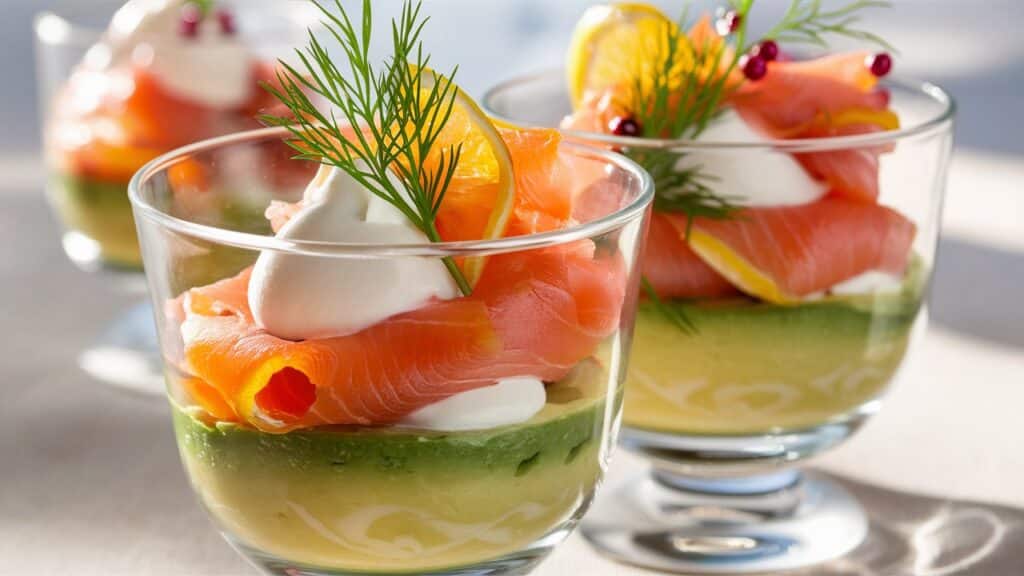Verrines saumon et avocat avec crème fraîche.