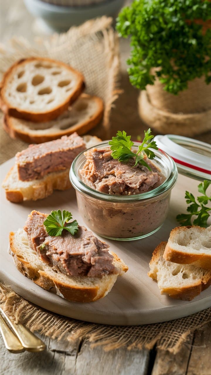 Pain et pâté sur planche avec persil frais.