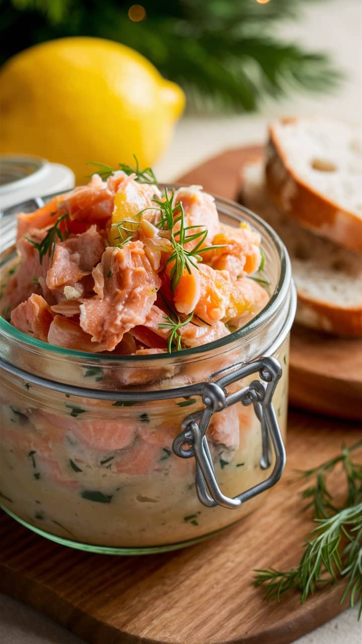 Rillettes de saumon dans un bocal.
