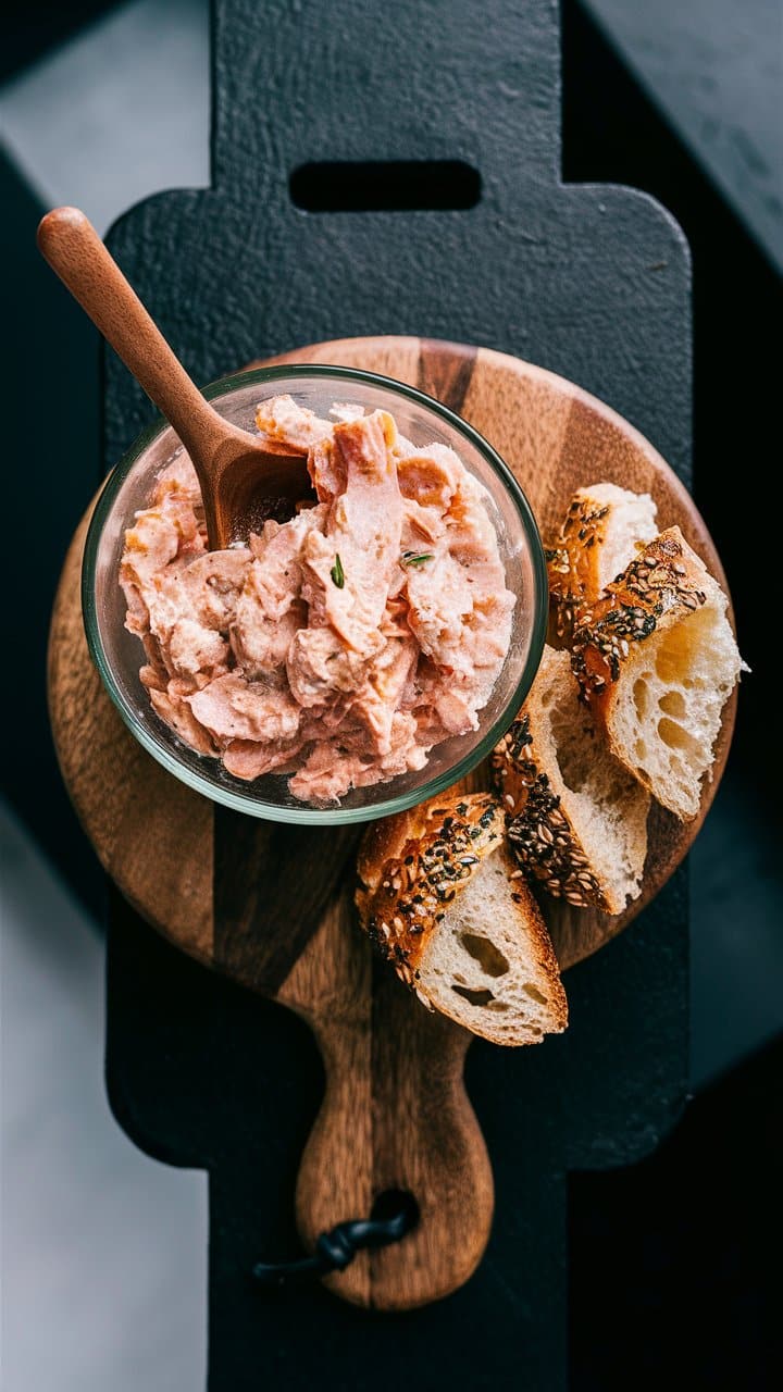 Rillettes de saumon et pain sur planche