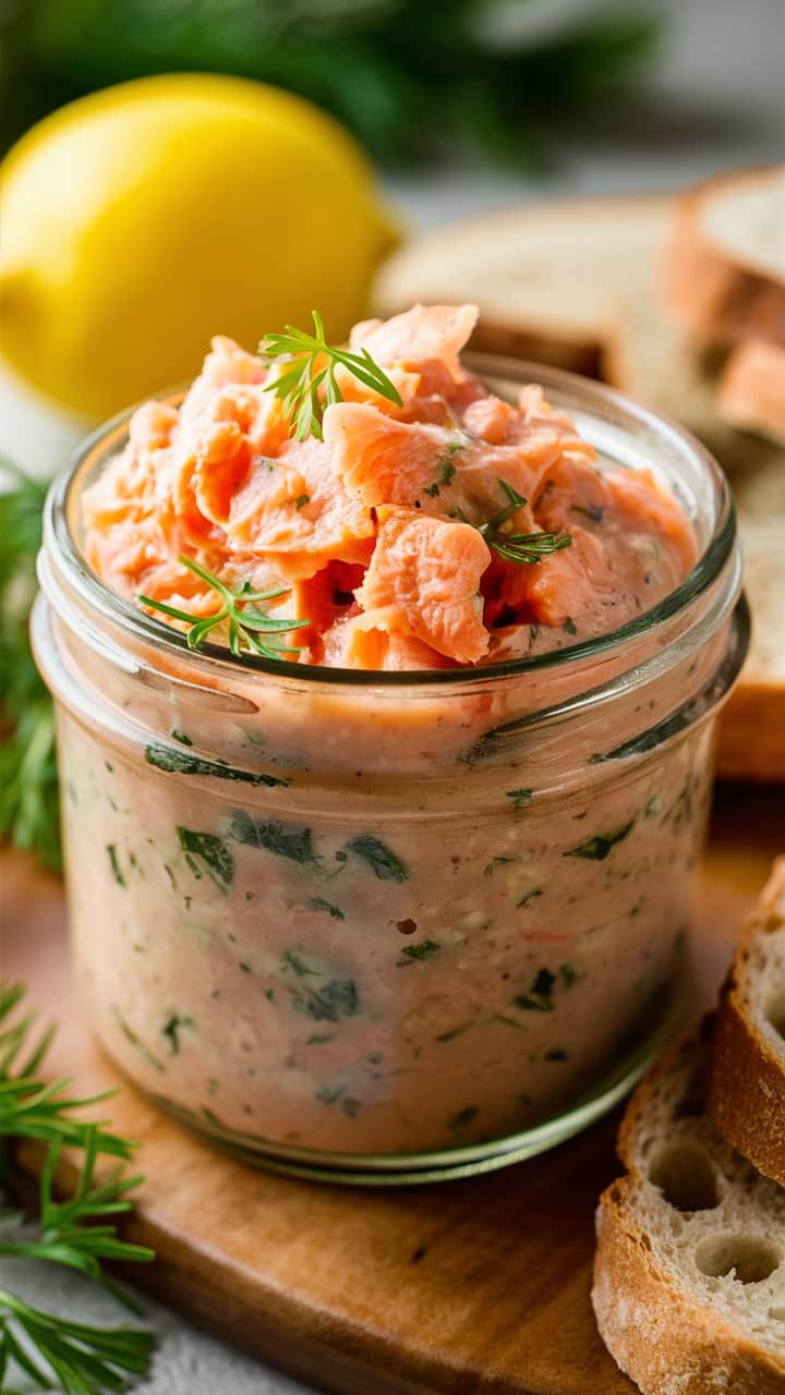 Rillettes de saumon avec citron en fond.
