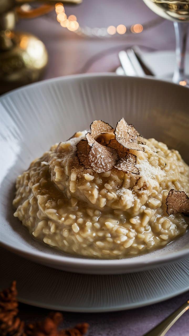 Risotto crémeux aux truffes sur assiette blanche.