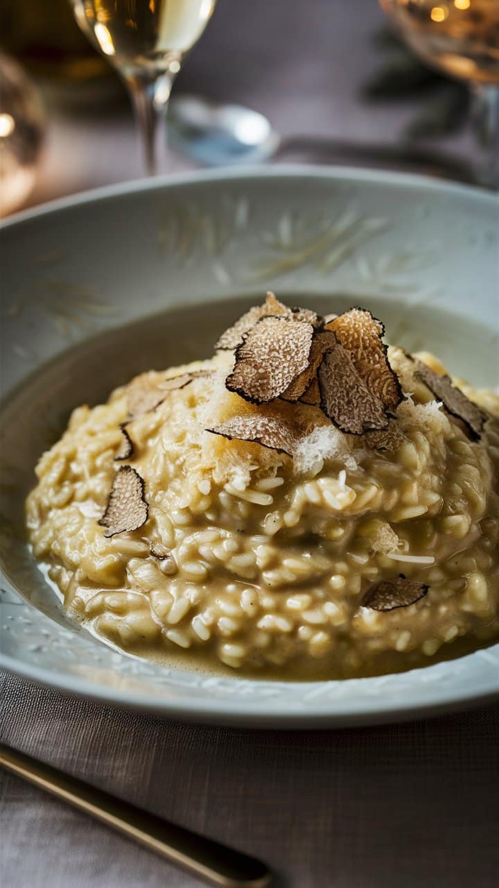 Risotto crémeux aux truffes sur assiette.