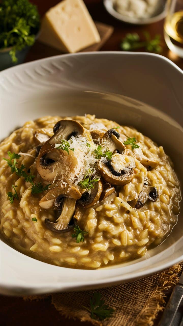 Risotto crémeux aux champignons et fromage râpé.