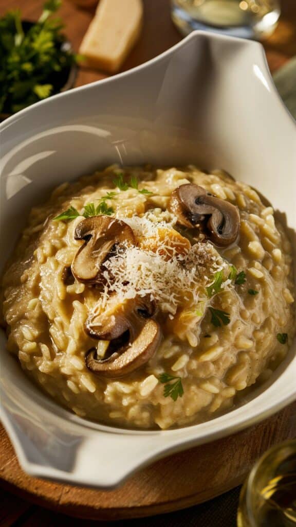 Risotto crémeux aux champignons et parmesan râpé.