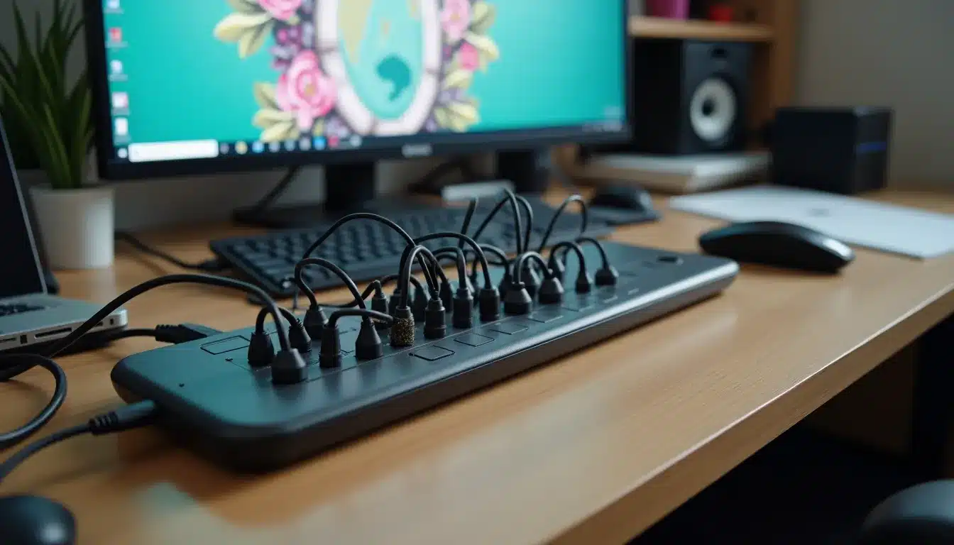 Multiprise sur bureau devant ordinateur allumé.