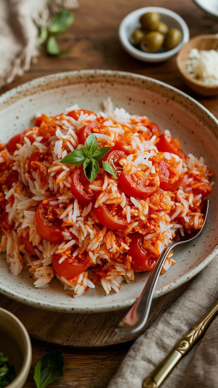 Assiette de riz basmati aux tomates cerises.