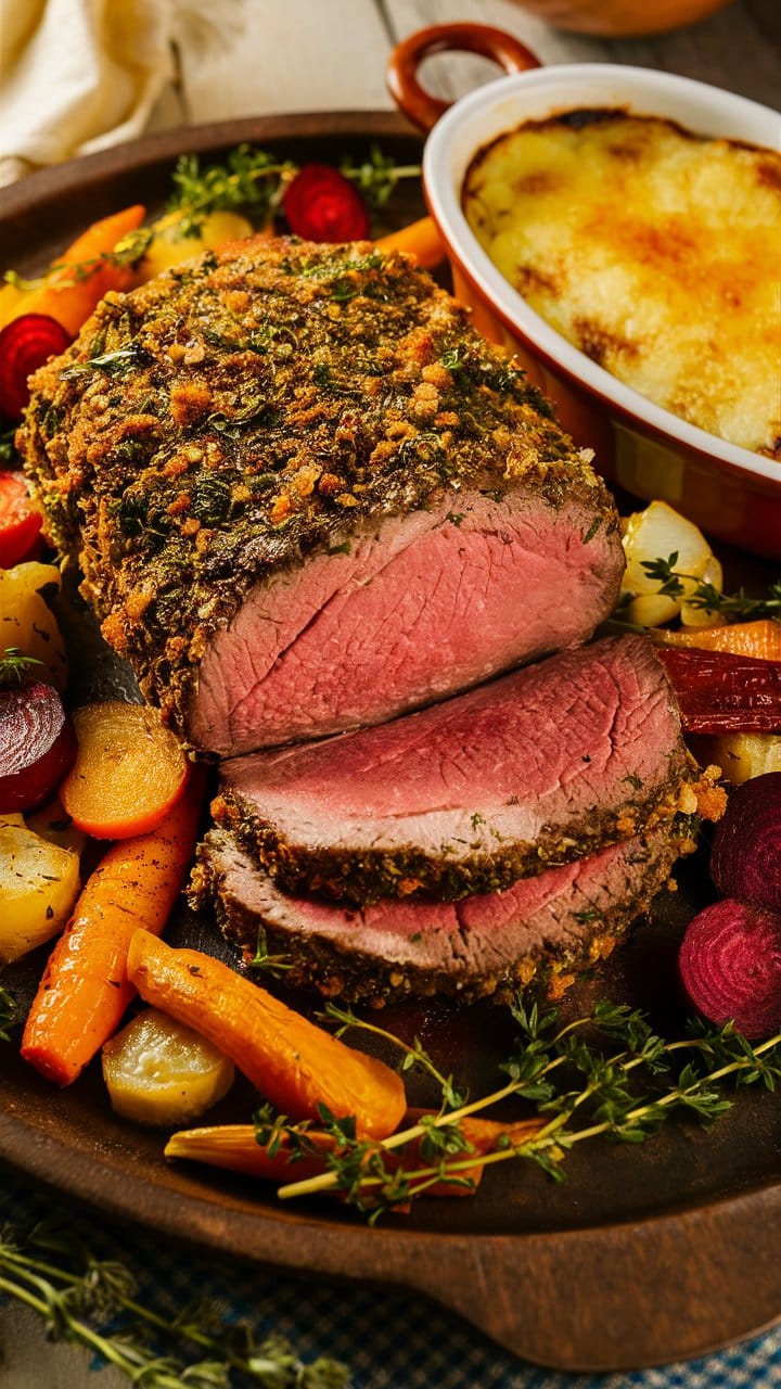 Rôti de boeuf aux légumes et gratin doré.