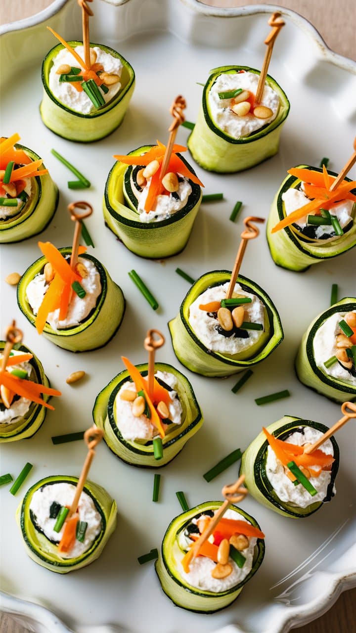 Roulés de courgette au fromage frais et légumes.